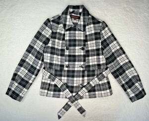 Women's M Wool Blend Double Breasted Winter Pea Coat Black & White Plaid Belted